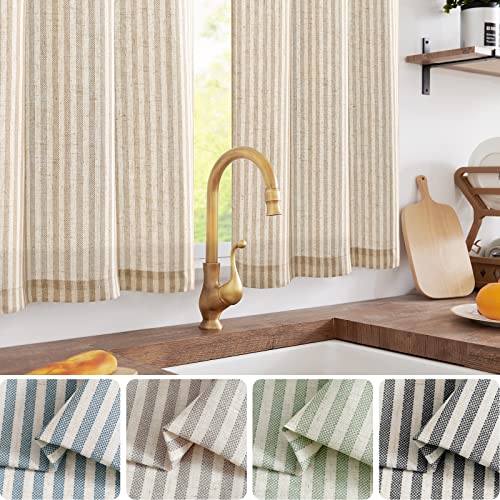 COLLACT Kitchen Curtains Linen Curtains 24 Inch Length Sets Pinstripe Pattern Taupe Tiers for Kitchen Bathroom Farmhouse Country Rustic Rod Pocket Ticking Striped Curtains 2 Panels Taupe on Beige