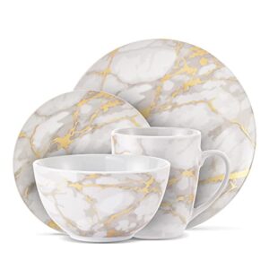 safdie & co. - gold marble plates and bowls sets, modern dinnerware set, kitchen dinnerware sets, indoor and outdoor plates, 16-piece kitchen plates and bowls set with mugs, dishwasher safe