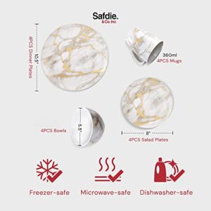 Safdie & Co. - Gold Marble Plates and Bowls Sets, Modern Dinnerware Set, Kitchen Dinnerware Sets, Indoor and Outdoor Plates, 16-Piece Kitchen Plates and Bowls Set with Mugs, Dishwasher Safe