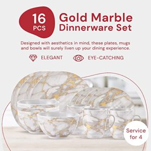 Safdie & Co. - Gold Marble Plates and Bowls Sets, Modern Dinnerware Set, Kitchen Dinnerware Sets, Indoor and Outdoor Plates, 16-Piece Kitchen Plates and Bowls Set with Mugs, Dishwasher Safe