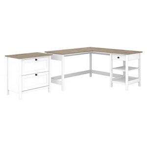 bush furniture mayfield l shaped computer desk with 2 drawer lateral file cabinet, 60w, pure white and shiplap gray