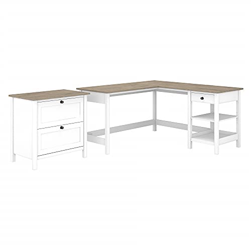 Bush Furniture Mayfield L Shaped Computer Desk with 2 Drawer Lateral File Cabinet, 60W, Pure White and Shiplap Gray