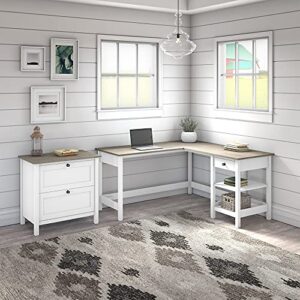 Bush Furniture Mayfield L Shaped Computer Desk with 2 Drawer Lateral File Cabinet, 60W, Pure White and Shiplap Gray