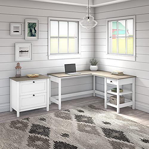 Bush Furniture Mayfield L Shaped Computer Desk with 2 Drawer Lateral File Cabinet, 60W, Pure White and Shiplap Gray