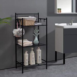 l&h unico 3-shelf tier standing unit storage wire shelving multipurpose rack organizer with 4-hooks for bathroom laundry kitchen office, black