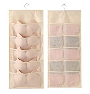 st-best-p bra and underwear hanging storage organizer mesh pockets dual sided wall shelves space saver bag sock underpants drawer closet clothes rack (beige:(5+10 pockets))