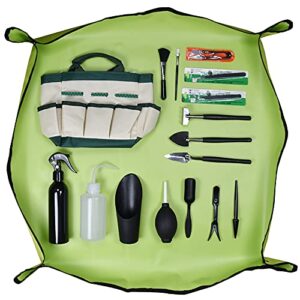 CFH-ALLEZ 17 Pieces Succulent Plants Tools,Gardening Succulent Transplanting Hand Tool +Succulent Garden Pad Miniature Planting Collapsible Waterproof Planter Gardening Mat+Garden Bucket Bag (Green)1