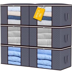 yearninghome 6pack 90l storage bag for clothes large capacity storage containers with reinforced handle foldable closet organizer for comforters, blankets, bedding, sweater with sturdy zipper, clear window, grey