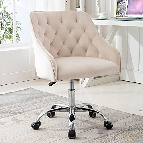 SSLine Modern Cute Desk Chair Elegant Velvet Home Office Computer Chair on Wheels Upholstered Swivel Task Chair w/Tufted Back Stylish Vanity Chairs for Girls Women (C Type-Beige)