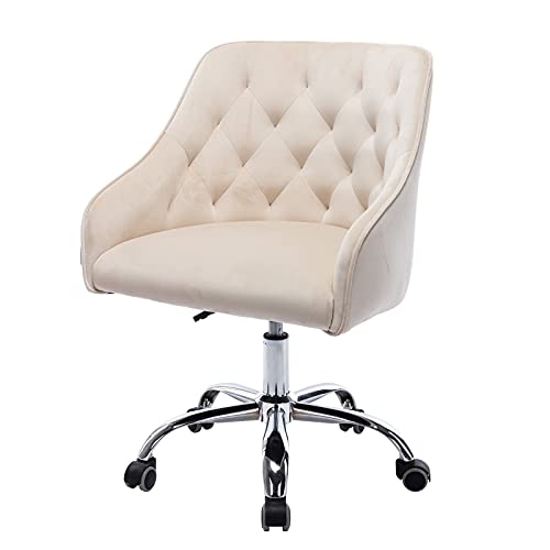 SSLine Modern Cute Desk Chair Elegant Velvet Home Office Computer Chair on Wheels Upholstered Swivel Task Chair w/Tufted Back Stylish Vanity Chairs for Girls Women (C Type-Beige)