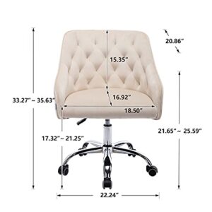 SSLine Modern Cute Desk Chair Elegant Velvet Home Office Computer Chair on Wheels Upholstered Swivel Task Chair w/Tufted Back Stylish Vanity Chairs for Girls Women (C Type-Beige)