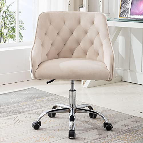 SSLine Modern Cute Desk Chair Elegant Velvet Home Office Computer Chair on Wheels Upholstered Swivel Task Chair w/Tufted Back Stylish Vanity Chairs for Girls Women (C Type-Beige)