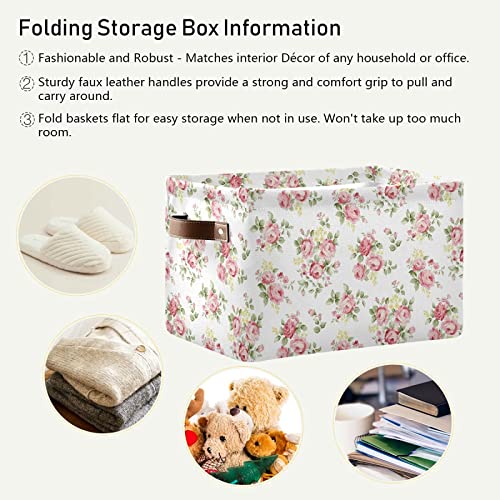 senya Large Foldable Storage Basket with Handles, Pink Rose Flower Floral Fabric Collapsible Storage Bins Organizer Bag for Baby Storage Toy Storage 15 x 11 x 9.5 inch