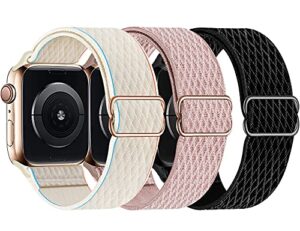 swhatty stretchy nylon solo loop bands compatible with apple watch 41mm 40mm 38mm, adjustable braided sport elastics women men strap for iwatch series 8 7 6 5 4 3 2 1 se (black, rose pink, cream)
