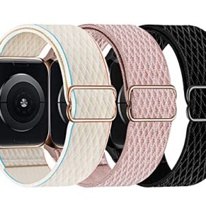 Swhatty Stretchy Nylon Solo Loop Bands Compatible with Apple Watch 41mm 40mm 38mm, Adjustable Braided Sport Elastics Women Men Strap for iWatch Series 8 7 6 5 4 3 2 1 SE (Black, Rose pink, Cream)