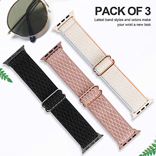 Swhatty Stretchy Nylon Solo Loop Bands Compatible with Apple Watch 41mm 40mm 38mm, Adjustable Braided Sport Elastics Women Men Strap for iWatch Series 8 7 6 5 4 3 2 1 SE (Black, Rose pink, Cream)