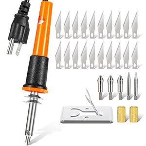 honoson 30 pieces electric hot knife cutter tool, 20 pieces blades, 3 pieces blade holders, 2 pyrography blades, metal stand hot carving knife for cutting carving soft thin foam cloth stencil