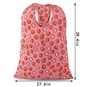 Sanlykate Extra Large Laundry Bag with Drawstring Closure and Handle, 28 x 40 Inch Heavy Duty Travel Dirty Clothes Bag for Laundromat and Household, Pink Strawberry