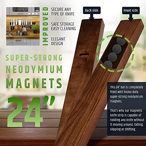 Premium 24 Inch (Large Size) Dark Walnut Wood Magnetic Knife Holder – Professional Wooden Magnetic Knife Strip - Space-Saving Knife Rack/Knife Bar With Powerful Magnetic Pull Force (Upgraded Version)