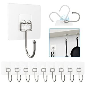 uyccimb 10 pieces large wall hooks for hanging heavy duty 22lb(max),coat and towel adhesive hooks,wall hangers waterproof and oilproof for bathroom,kitchen and home sticky hooks (transparent)