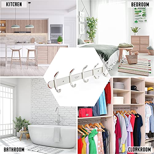 LIZHUYA Coat Hook Wall Mount Adhesive Coat Rack Easy Installation for Bedroom Bathroom Foyer Hallway for Coats Pots Towels Coat Hat Towel Robes Heavy Duty Stainless Steel with 5 Hooks (J-5HOOKS)