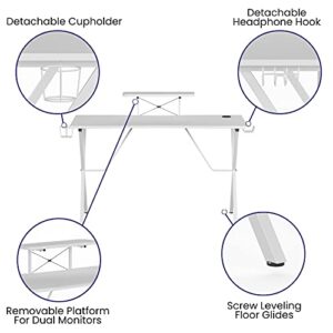 EMMA + OLIVER White Gaming Desk-Cup Holder, Headphone Hook, Monitor/Smartphone Stand