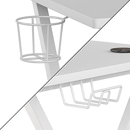 EMMA + OLIVER White Gaming Desk-Cup Holder, Headphone Hook, Monitor/Smartphone Stand