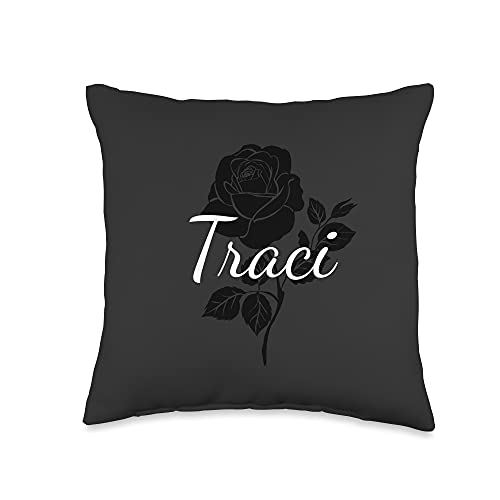 Custom Traci Gifts & Designs for Girls Traci-Custom Black Rose Gray Floral Personalized Throw Pillow, 16x16, Multicolor