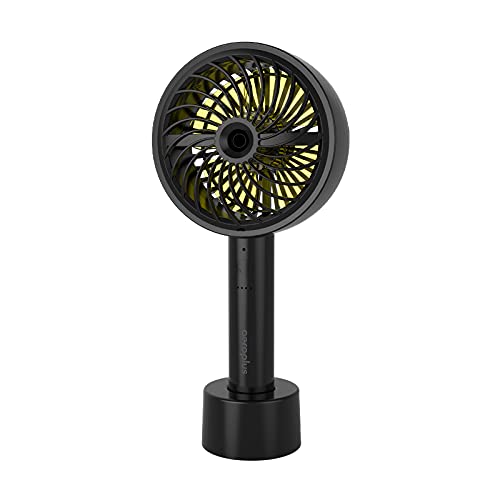 Aeroplus Mini Fan 5" Handheld Personal 3 Speed Rechargeable Battery Operated with Misting Option weatherproof includes dock & cable (Black) desk fan for home kitchen office travel camping