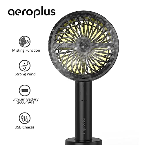 Aeroplus Mini Fan 5" Handheld Personal 3 Speed Rechargeable Battery Operated with Misting Option weatherproof includes dock & cable (Black) desk fan for home kitchen office travel camping