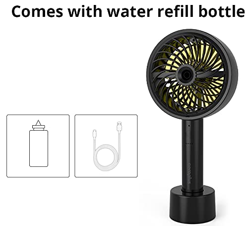 Aeroplus Mini Fan 5" Handheld Personal 3 Speed Rechargeable Battery Operated with Misting Option weatherproof includes dock & cable (Black) desk fan for home kitchen office travel camping