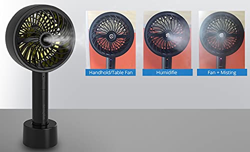 Aeroplus Mini Fan 5" Handheld Personal 3 Speed Rechargeable Battery Operated with Misting Option weatherproof includes dock & cable (Black) desk fan for home kitchen office travel camping