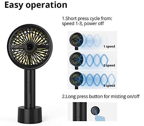 Aeroplus Mini Fan 5" Handheld Personal 3 Speed Rechargeable Battery Operated with Misting Option weatherproof includes dock & cable (Black) desk fan for home kitchen office travel camping