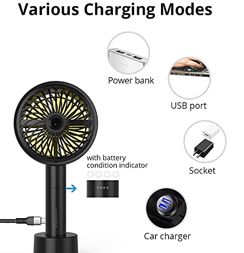 Aeroplus Mini Fan 5" Handheld Personal 3 Speed Rechargeable Battery Operated with Misting Option weatherproof includes dock & cable (Black) desk fan for home kitchen office travel camping