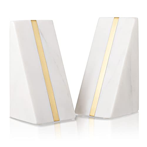 Warm Toast Designs - Marble Bookends White - 100% Polished Marble with Brass Inlay - Book Stoppers - Stylish Set of 2