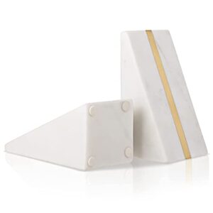 Warm Toast Designs - Marble Bookends White - 100% Polished Marble with Brass Inlay - Book Stoppers - Stylish Set of 2