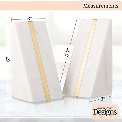 Warm Toast Designs - Marble Bookends White - 100% Polished Marble with Brass Inlay - Book Stoppers - Stylish Set of 2