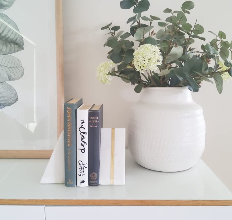 Warm Toast Designs - Marble Bookends White - 100% Polished Marble with Brass Inlay - Book Stoppers - Stylish Set of 2