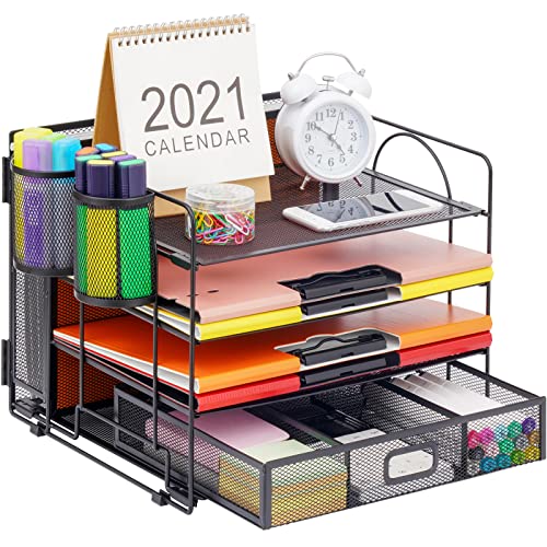 Marbrasse 4-Trays Desk File Organizer with 2 Pen Holder, Desktop Hanging File Holder with Drawer, Paper Letter Tray Organizer, Mesh Office Supplies Desk Paper Organizer for Home Office (Black)