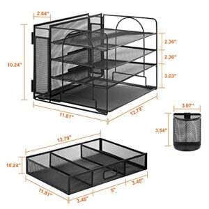 Marbrasse 4-Trays Desk File Organizer with 2 Pen Holder, Desktop Hanging File Holder with Drawer, Paper Letter Tray Organizer, Mesh Office Supplies Desk Paper Organizer for Home Office (Black)