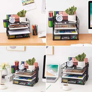 Marbrasse 4-Trays Desk File Organizer with 2 Pen Holder, Desktop Hanging File Holder with Drawer, Paper Letter Tray Organizer, Mesh Office Supplies Desk Paper Organizer for Home Office (Black)