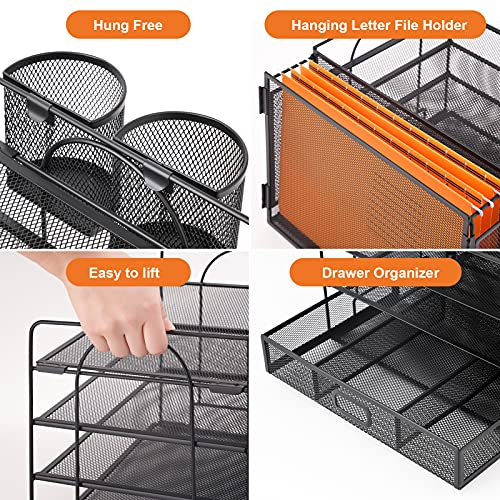 Marbrasse 4-Trays Desk File Organizer with 2 Pen Holder, Desktop Hanging File Holder with Drawer, Paper Letter Tray Organizer, Mesh Office Supplies Desk Paper Organizer for Home Office (Black)