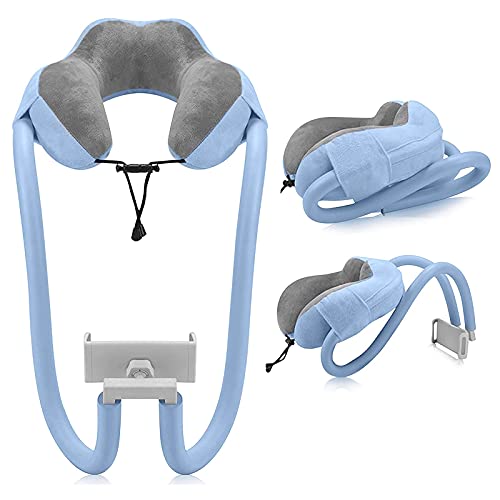 Linkidea Neck Pillow Phone Holder for Bed, 2 in 1 Adjustable Gooseneck Cell Phone Stand with 360 Clip, Flexible Tablet Arm Pillow for Neck, Compatible with Smartphone Size from 4"-10" (Blue)