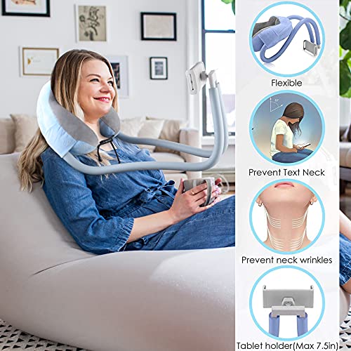 Linkidea Neck Pillow Phone Holder for Bed, 2 in 1 Adjustable Gooseneck Cell Phone Stand with 360 Clip, Flexible Tablet Arm Pillow for Neck, Compatible with Smartphone Size from 4"-10" (Blue)