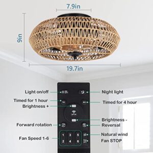 Dimmable Ceiling Fans with Lights and Remote, Rattan Ceiling Fan with 5 Bulbs, Enclosed Low Profile Flush Mount Ceiling Fan w/Reversible Blades/Memory Function/6 Speeds/Timing for Bedroom Living Room