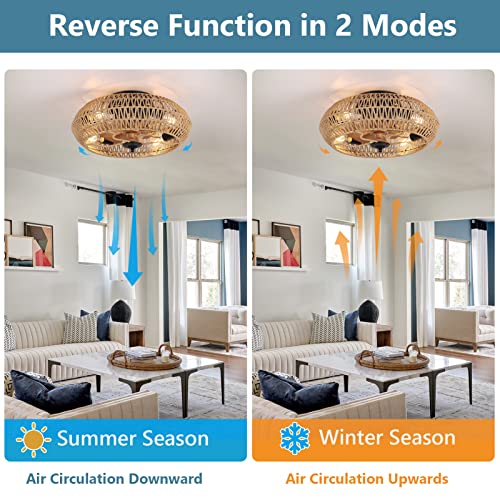 Dimmable Ceiling Fans with Lights and Remote, Rattan Ceiling Fan with 5 Bulbs, Enclosed Low Profile Flush Mount Ceiling Fan w/Reversible Blades/Memory Function/6 Speeds/Timing for Bedroom Living Room
