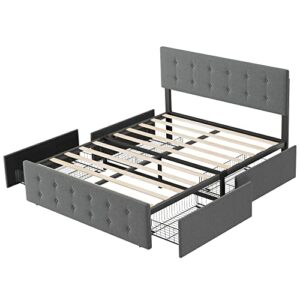 IDEALHOUSE Queen Platform Bed Frame with Storage and 4 Drawers, Button Upholstered Bed Frame with Drawers and Headboard, Mattress Foundation with Wood Slat Support, No Box Spring Needed