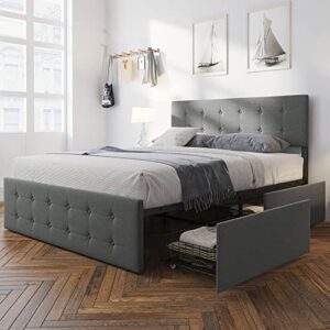 idealhouse queen platform bed frame with storage and 4 drawers, button upholstered bed frame with drawers and headboard, mattress foundation with wood slat support, no box spring needed