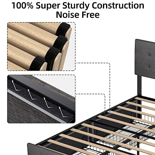 IDEALHOUSE Queen Platform Bed Frame with Storage and 4 Drawers, Button Upholstered Bed Frame with Drawers and Headboard, Mattress Foundation with Wood Slat Support, No Box Spring Needed