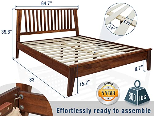 Acacia Kaylin Wooden Bed Frame with Headboard, Solid Wood Platform Bed with Wood Slat Support, No Box Spring Needed, Queen (U.S. Standard), Chocolate, 14 Inch, V1